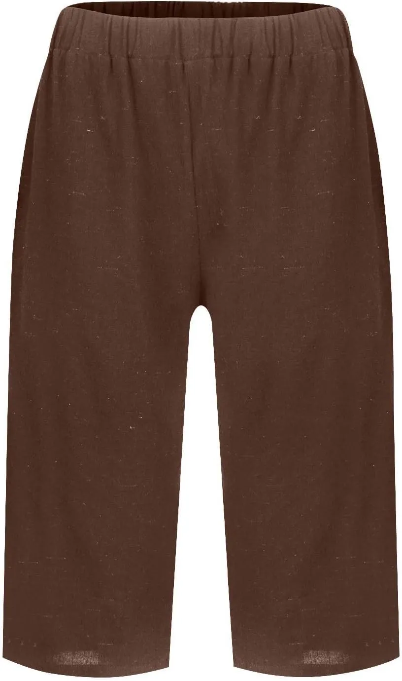Womens Cotton Linen Capri Pants Summer Elastic Waist Plus Size Casual Pants Wide Leg Lightweight Capris with Pockets