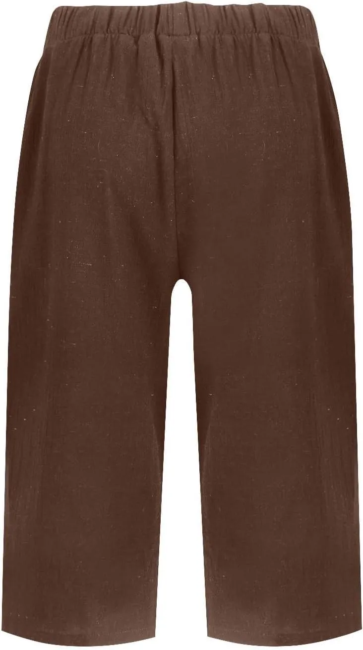 Womens Cotton Linen Capri Pants Summer Elastic Waist Plus Size Casual Pants Wide Leg Lightweight Capris with Pockets
