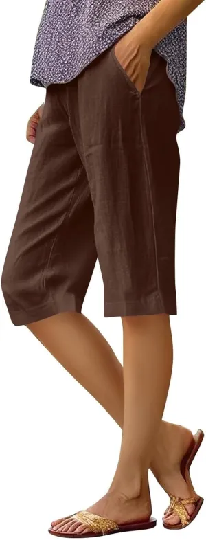 Womens Cotton Linen Capri Pants Summer Elastic Waist Plus Size Casual Pants Wide Leg Lightweight Capris with Pockets