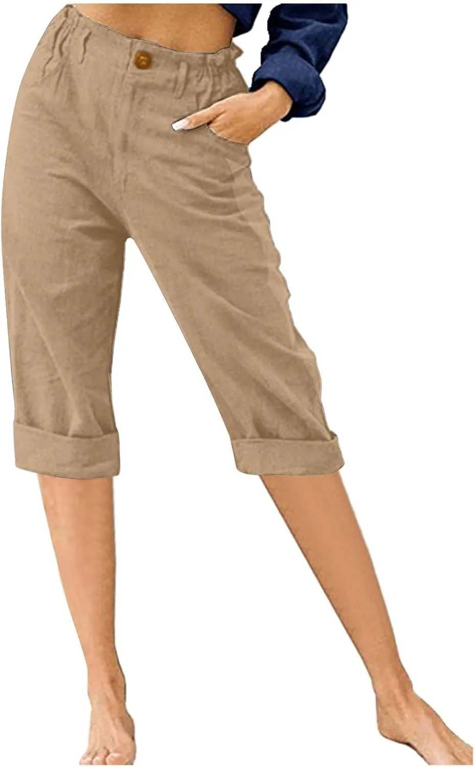 Womens Cotton Linen Capris Pants Solid High Waist Button Wide Leg Pant Summer Casual Trousers with Pockets