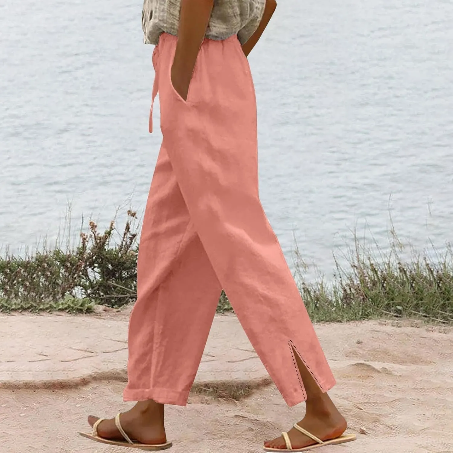 Womens Cotton Linen Cropped Pants Summer High Waist Elastic Straight Leg Lounge Pant Vacation Beach Trousers