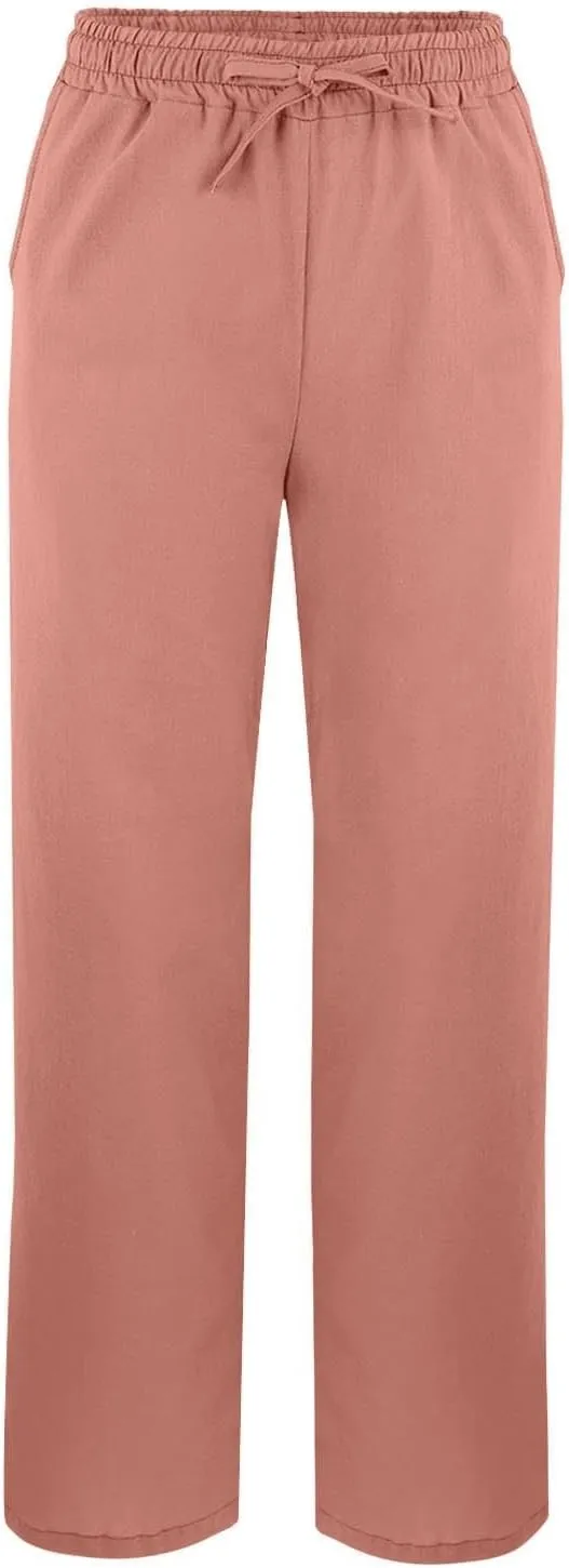 Womens Cotton Linen Cropped Pants Summer High Waist Elastic Straight Leg Lounge Pant Vacation Beach Trousers