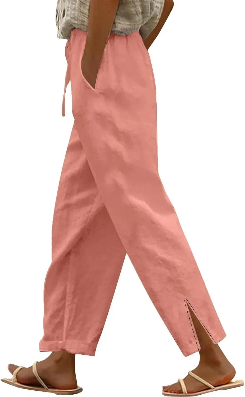 Womens Cotton Linen Cropped Pants Summer High Waist Elastic Straight Leg Lounge Pant Vacation Beach Trousers