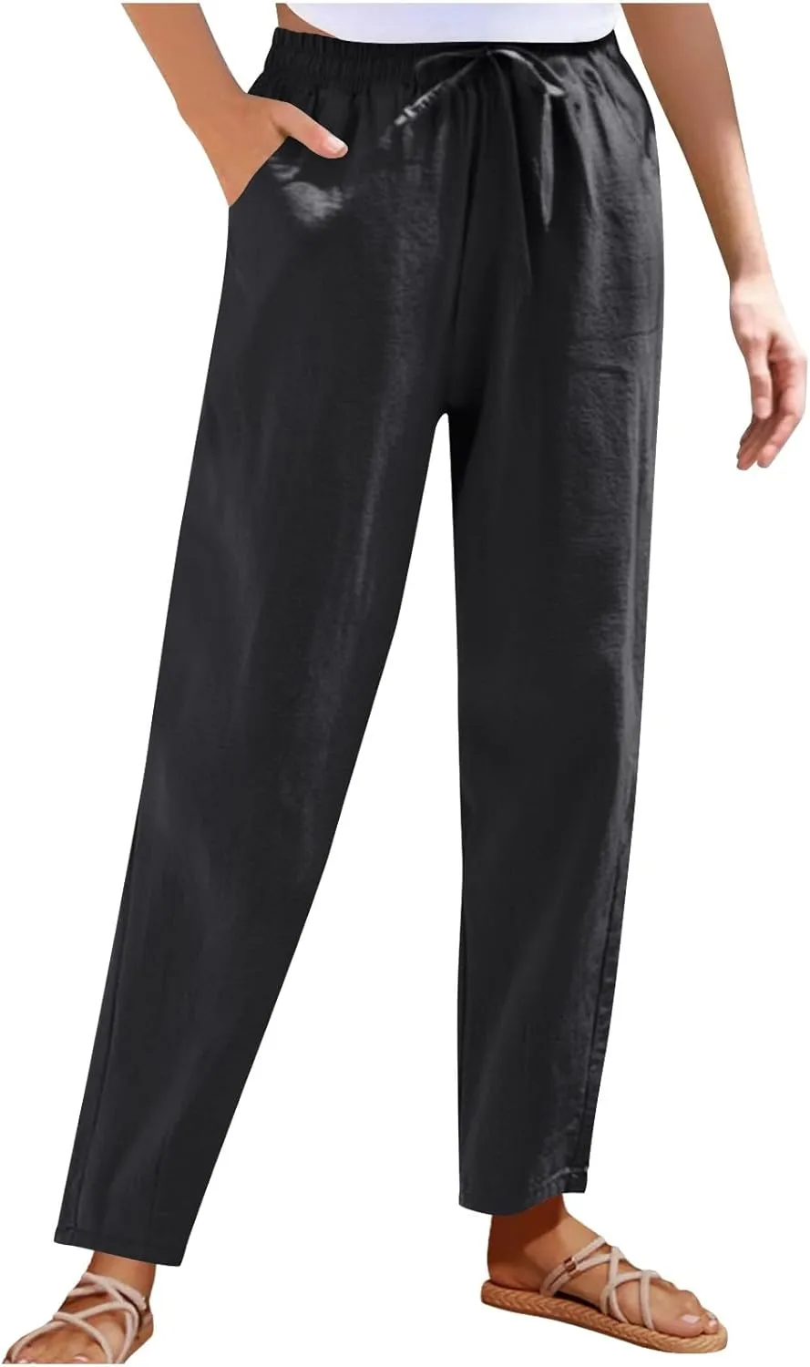 Womens Cotton Linen Pants Drawstring Elastic Waist Straight Leg Loose Fit Summer Trousers Palazzo Pants with Pockets