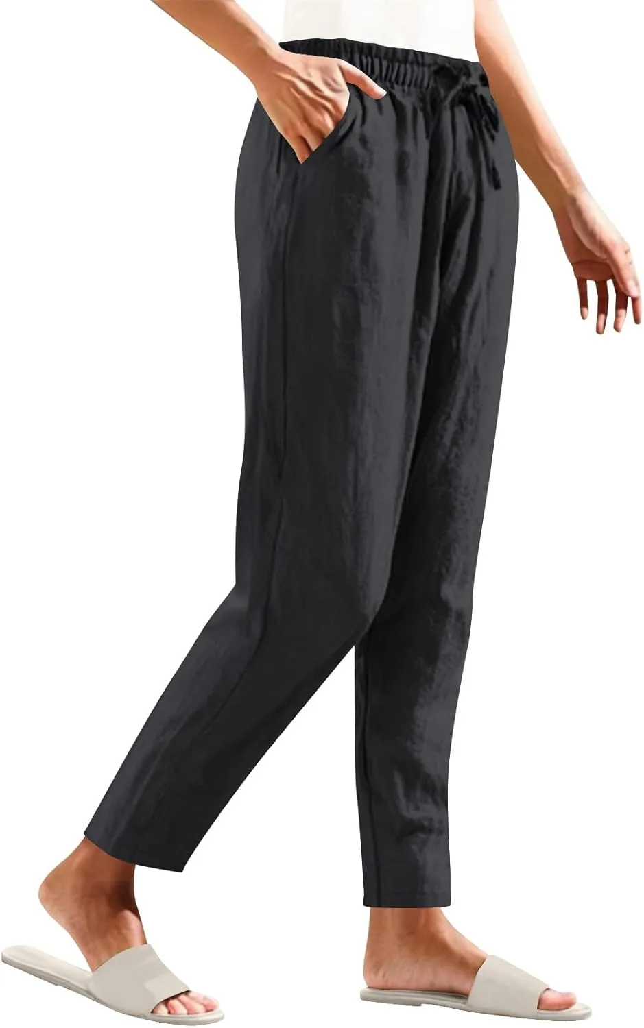 Womens Cotton Linen Pants Drawstring Elastic Waist Straight Leg Loose Fit Summer Trousers Palazzo Pants with Pockets