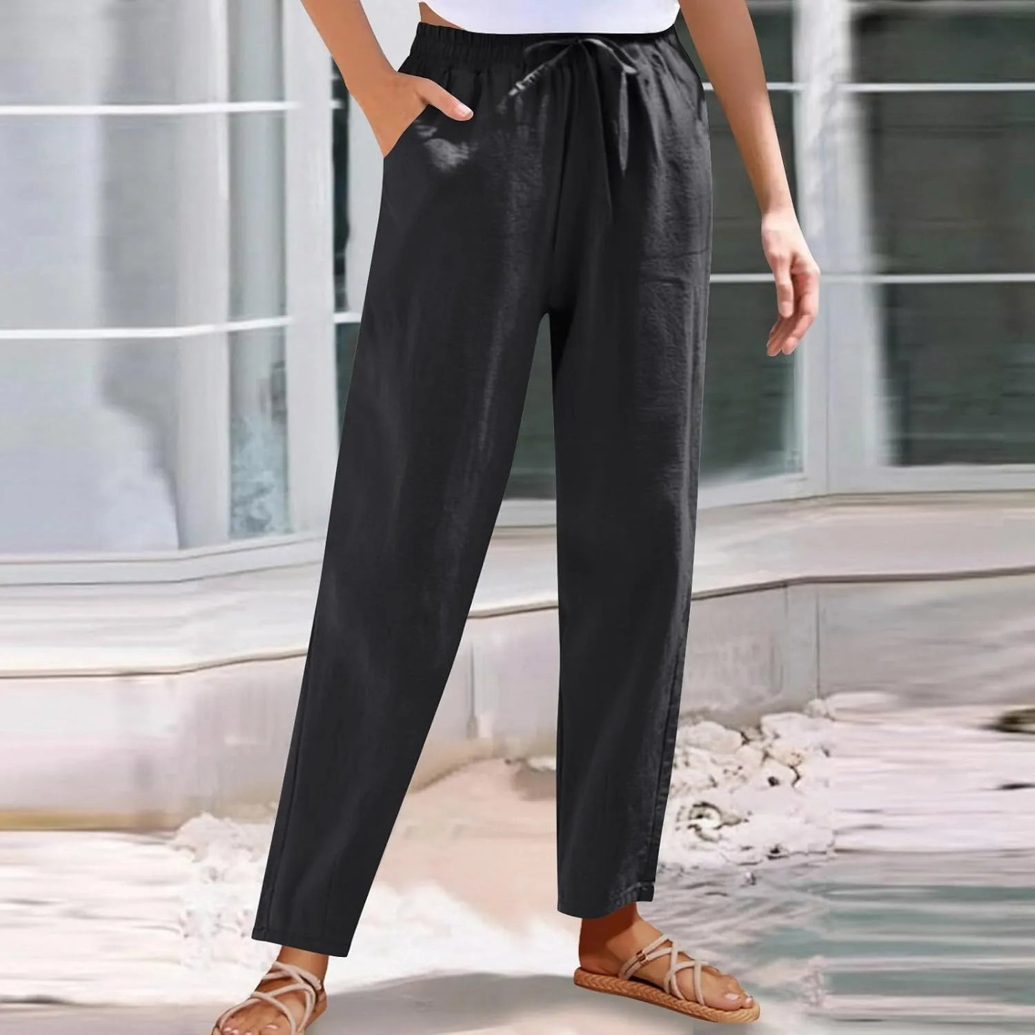 Womens Cotton Linen Pants Drawstring Elastic Waist Straight Leg Loose Fit Summer Trousers Palazzo Pants with Pockets