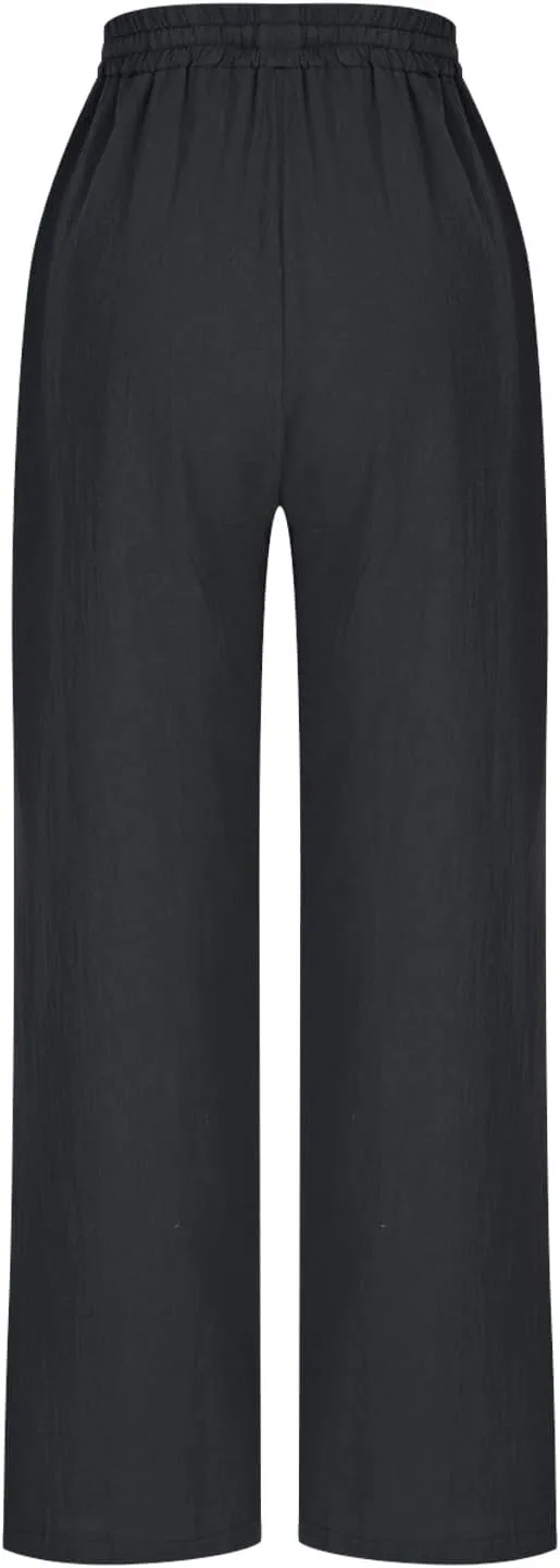 Womens Cotton Linen Pants Drawstring Elastic Waist Straight Leg Loose Fit Summer Trousers Palazzo Pants with Pockets