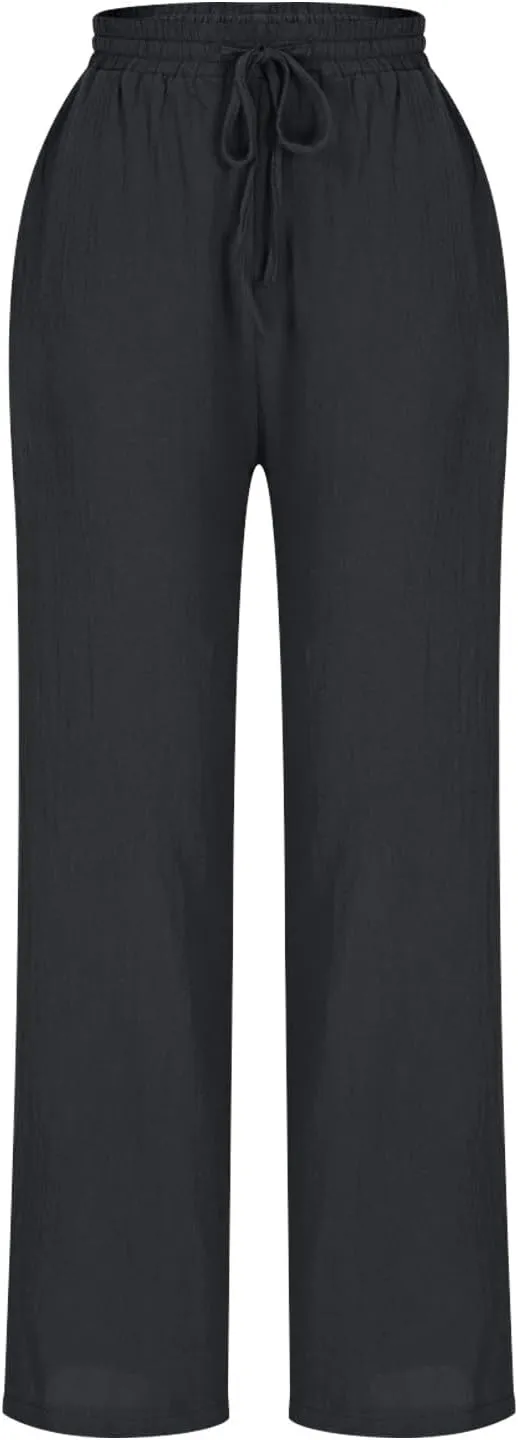 Womens Cotton Linen Pants Drawstring Elastic Waist Straight Leg Loose Fit Summer Trousers Palazzo Pants with Pockets