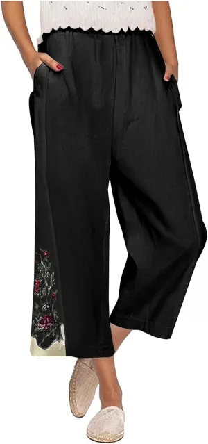Womens Cotton Linen Pants Summer Casual Wide Leg Palazzo Pants Floral Embroidery High Waist Work Slack Beach Trouser