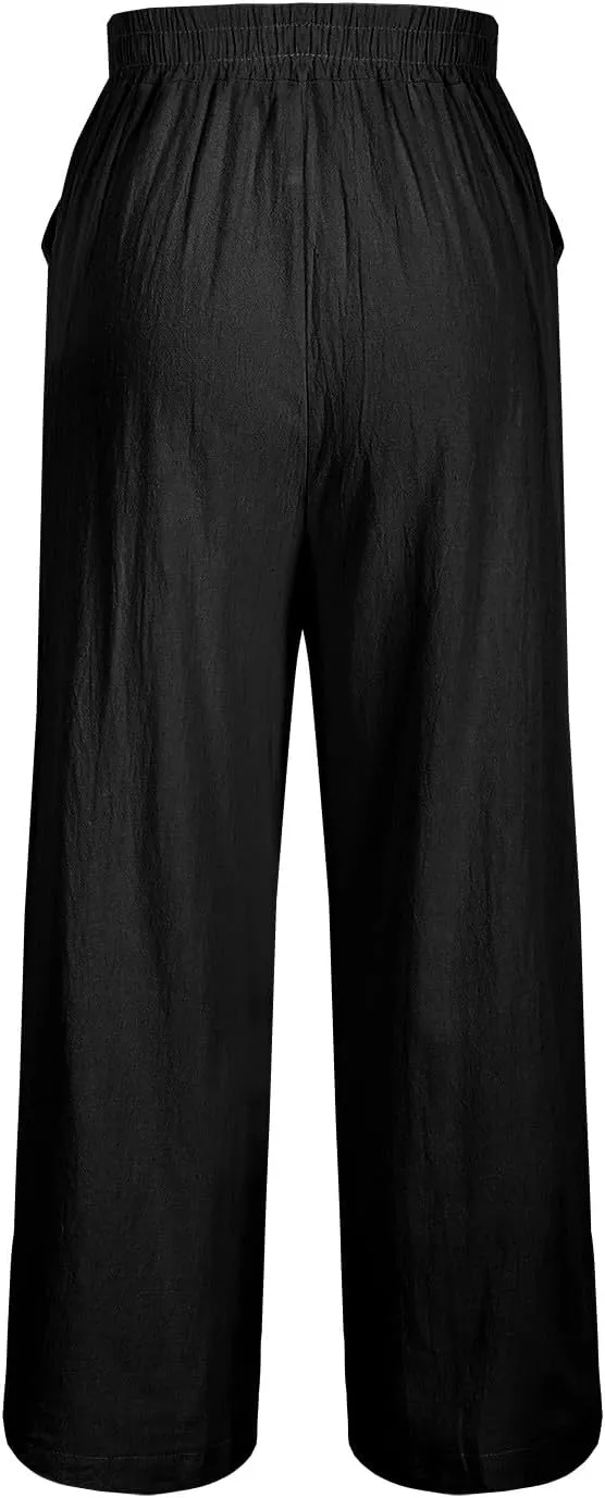 Womens Cotton Linen Pants Summer Casual Wide Leg Palazzo Pants Floral Embroidery High Waist Work Slack Beach Trouser