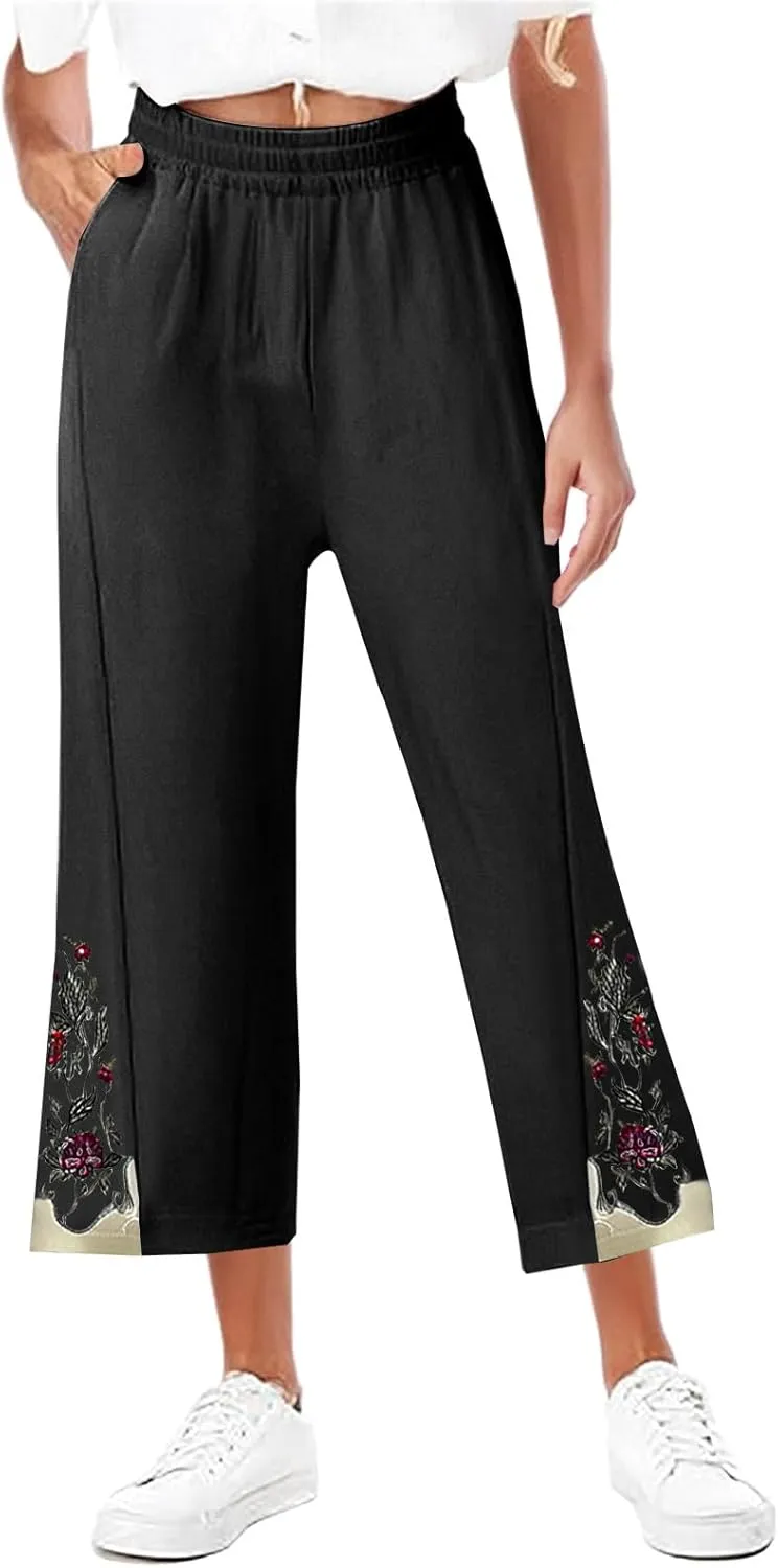 Womens Cotton Linen Pants Summer Casual Wide Leg Palazzo Pants Floral Embroidery High Waist Work Slack Beach Trouser