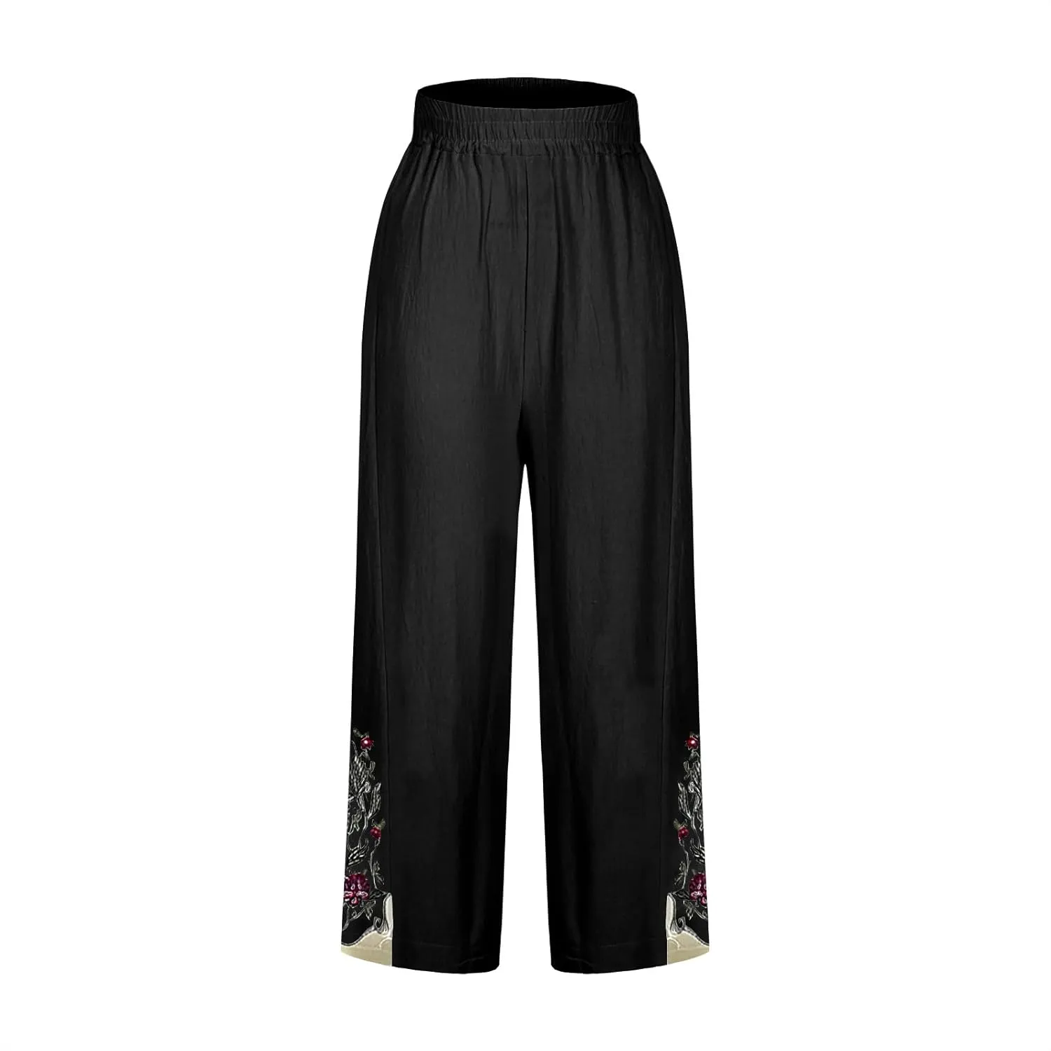 Womens Cotton Linen Pants Summer Casual Wide Leg Palazzo Pants Floral Embroidery High Waist Work Slack Beach Trouser