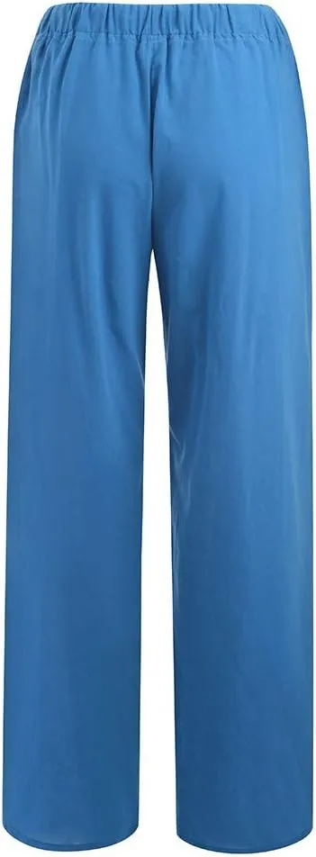 Women's Cotton Linen Pants Summer Elastic Waist Palazzo Pants with Drawstring Flowy Wide Leg Beach Trousers with Pockets