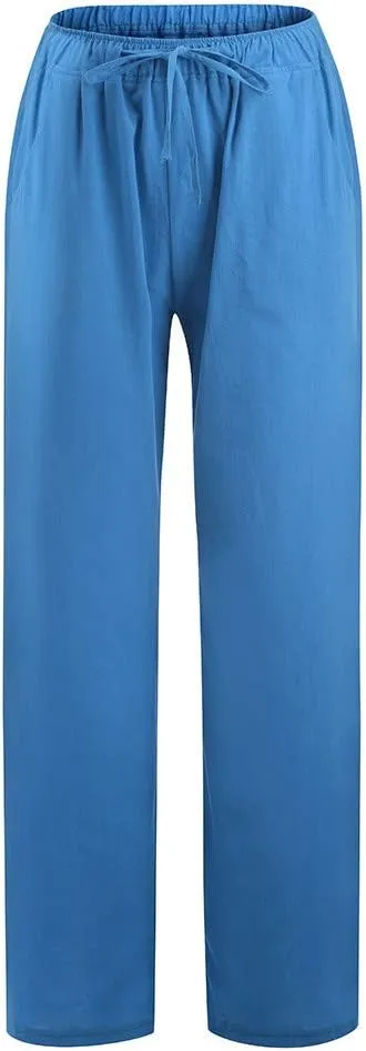 Women's Cotton Linen Pants Summer Elastic Waist Palazzo Pants with Drawstring Flowy Wide Leg Beach Trousers with Pockets