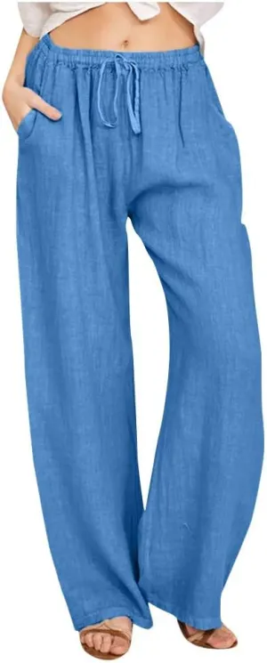 Women's Cotton Linen Pants Summer Elastic Waist Palazzo Pants with Drawstring Flowy Wide Leg Beach Trousers with Pockets