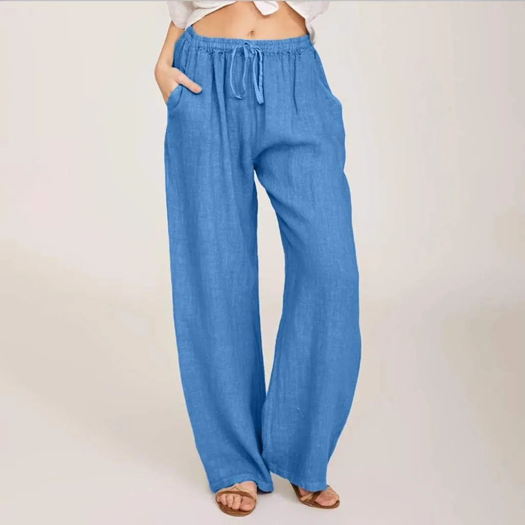 Women's Cotton Linen Pants Summer Elastic Waist Palazzo Pants with Drawstring Flowy Wide Leg Beach Trousers with Pockets