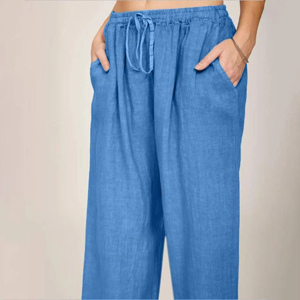 Women's Cotton Linen Pants Summer Elastic Waist Palazzo Pants with Drawstring Flowy Wide Leg Beach Trousers with Pockets