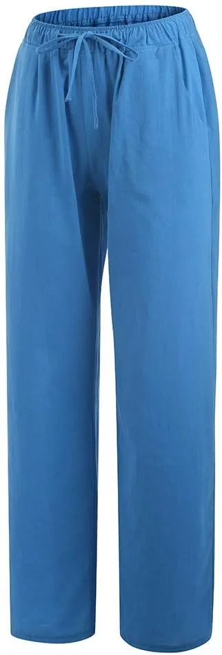 Women's Cotton Linen Pants Summer Elastic Waist Palazzo Pants with Drawstring Flowy Wide Leg Beach Trousers with Pockets