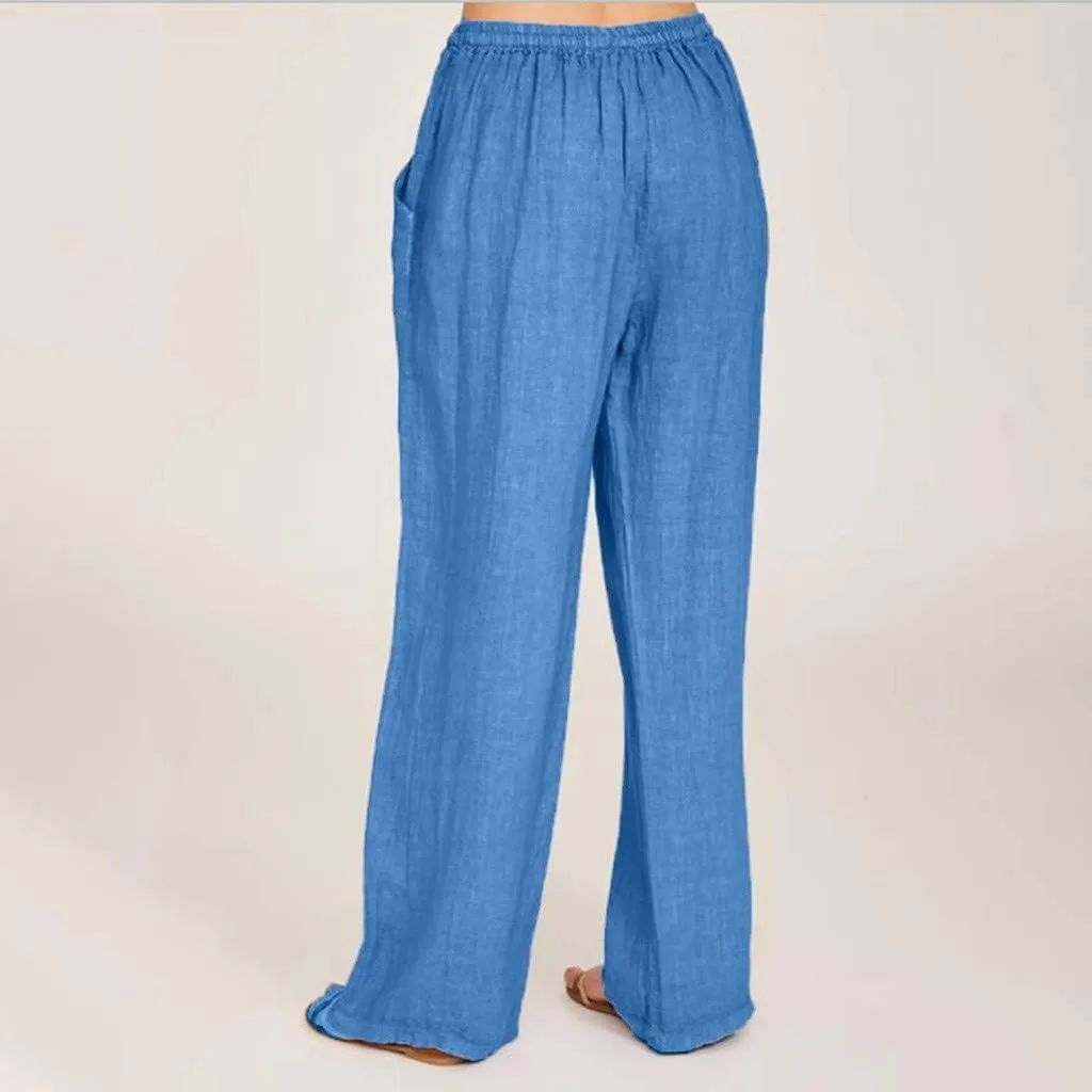 Women's Cotton Linen Pants Summer Elastic Waist Palazzo Pants with Drawstring Flowy Wide Leg Beach Trousers with Pockets