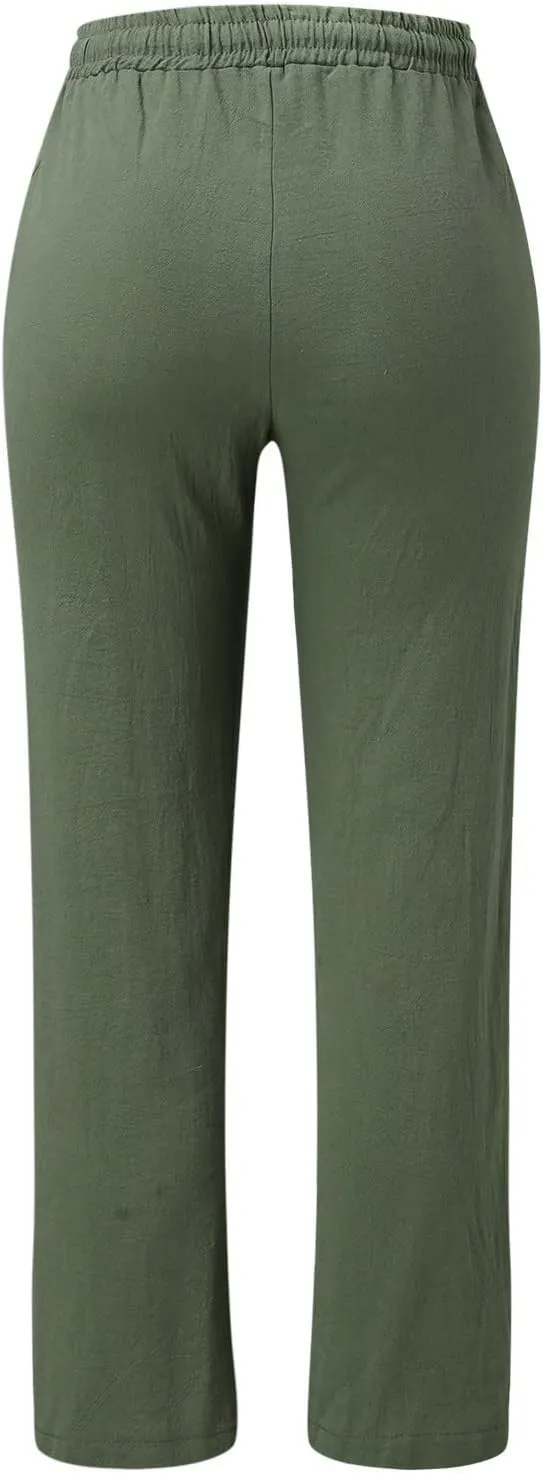 Women's Cotton Linen Summer Drawstring Palazzo Pants High Waist Lounge Pants Plus Size Pant Trousers Vacation