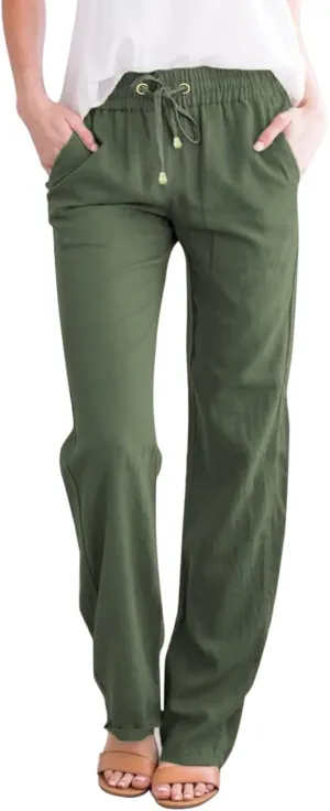 Women's Cotton Linen Summer Drawstring Palazzo Pants High Waist Lounge Pants Plus Size Pant Trousers Vacation