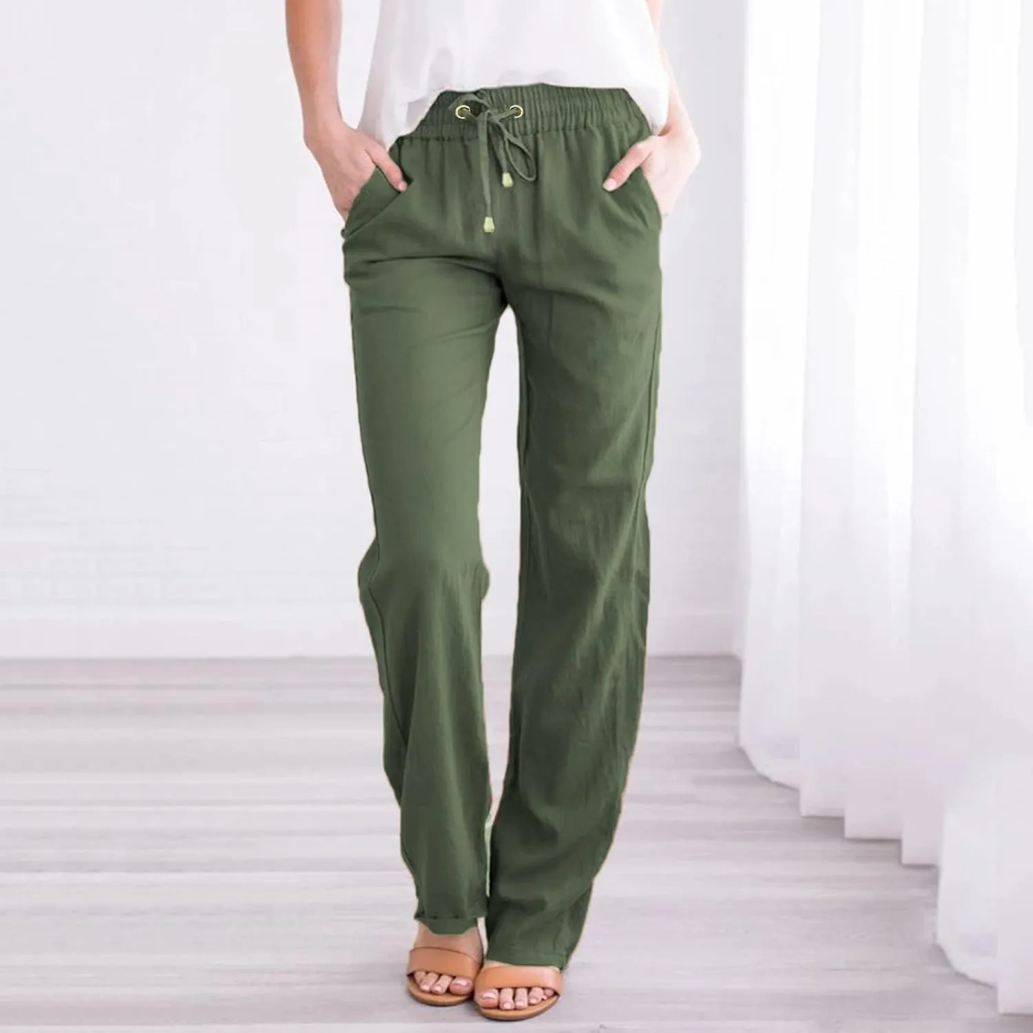 Women's Cotton Linen Summer Drawstring Palazzo Pants High Waist Lounge Pants Plus Size Pant Trousers Vacation