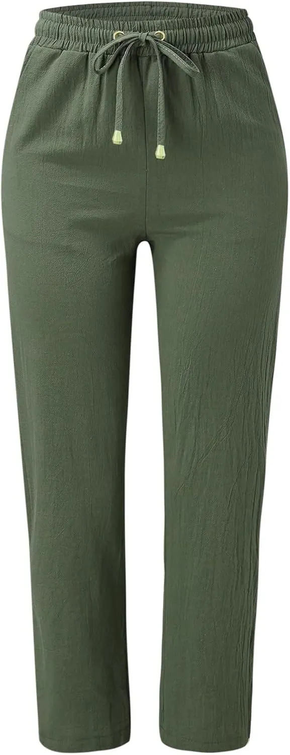 Women's Cotton Linen Summer Drawstring Palazzo Pants High Waist Lounge Pants Plus Size Pant Trousers Vacation