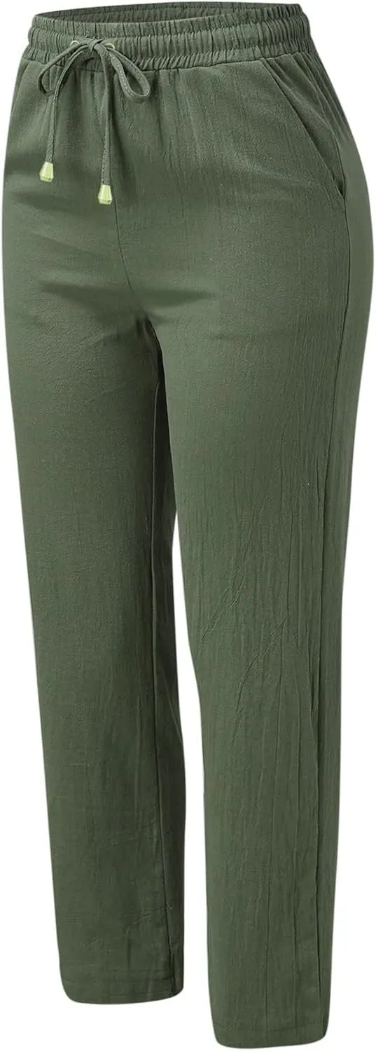 Women's Cotton Linen Summer Drawstring Palazzo Pants High Waist Lounge Pants Plus Size Pant Trousers Vacation