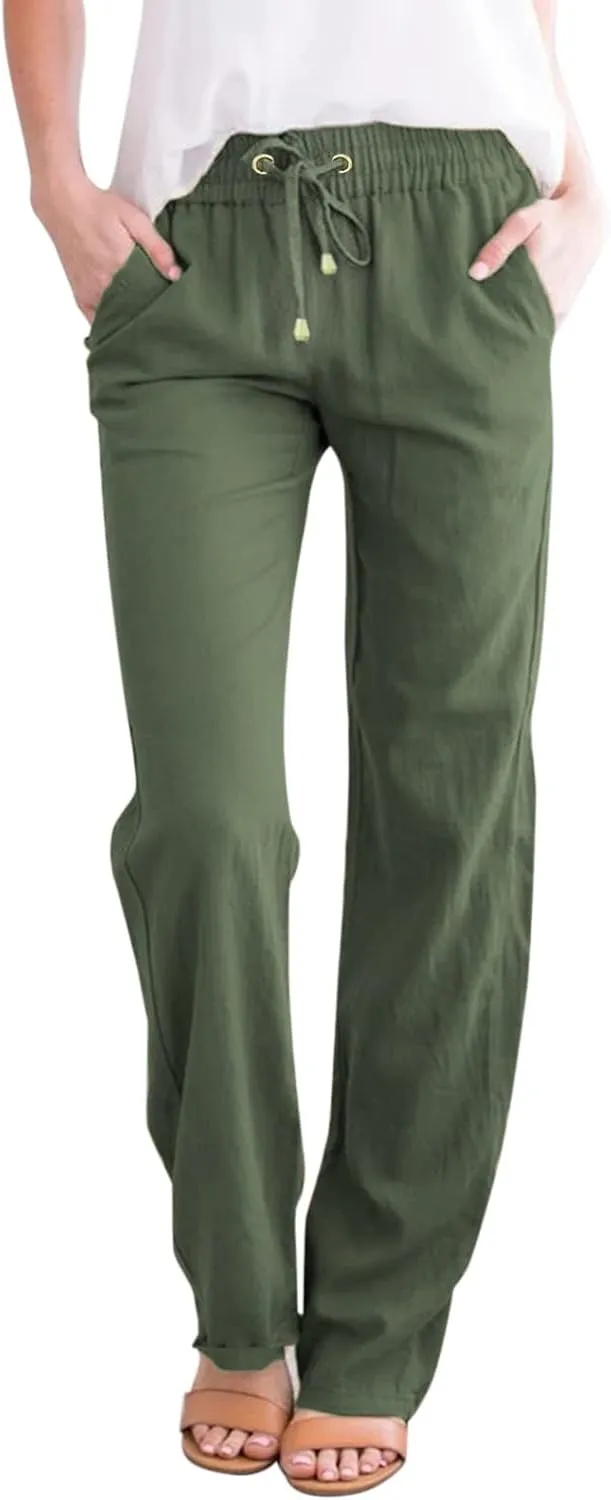 Women's Cotton Linen Summer Drawstring Palazzo Pants High Waist Lounge Pants Plus Size Pant Trousers Vacation