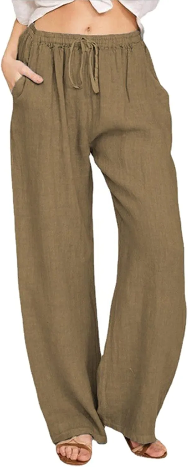 Women's Cotton Linen Summer Drawstring Pants Low Waist Bootcut Slim-Fit Pants Travel