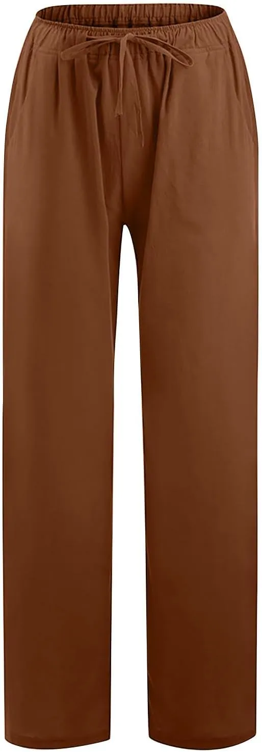 Womens Cotton Linen Wide Leg Pants Dressy Casual Summer Elastic Waist Lounge Trousers Trendy Beach Vacation Outfits