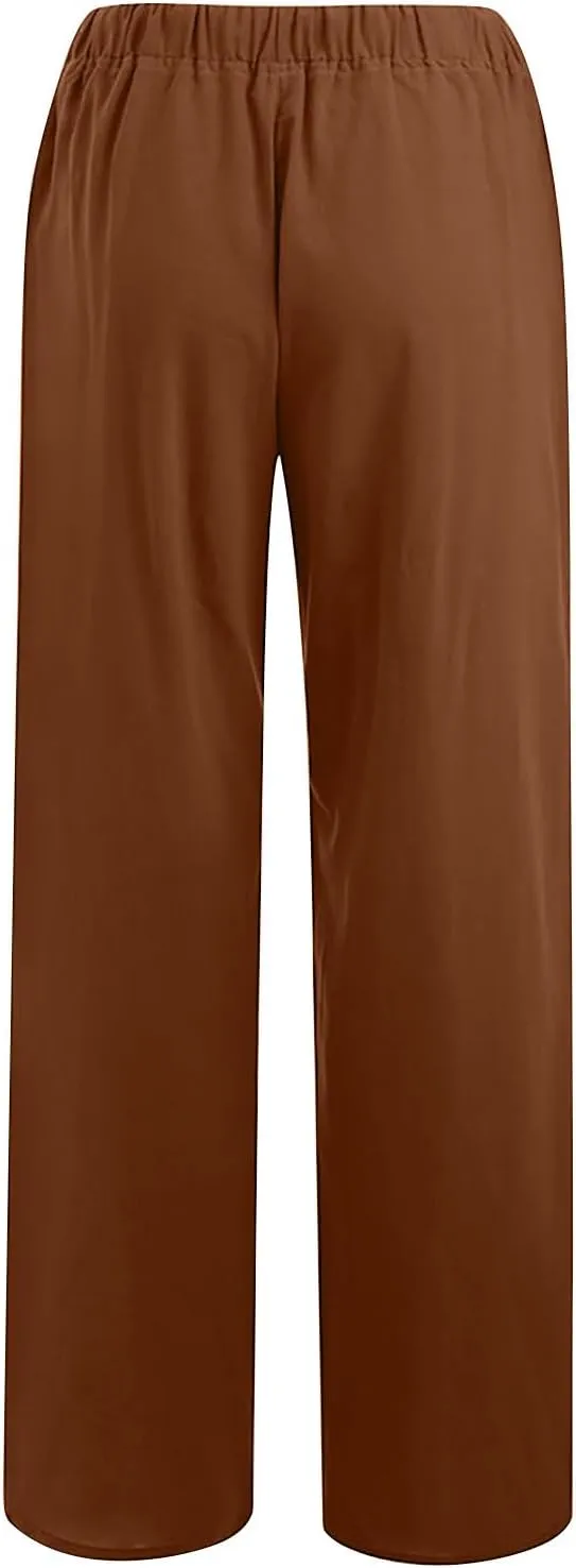 Womens Cotton Linen Wide Leg Pants Dressy Casual Summer Elastic Waist Lounge Trousers Trendy Beach Vacation Outfits