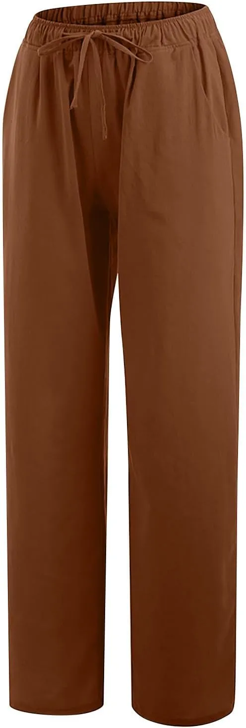 Womens Cotton Linen Wide Leg Pants Dressy Casual Summer Elastic Waist Lounge Trousers Trendy Beach Vacation Outfits