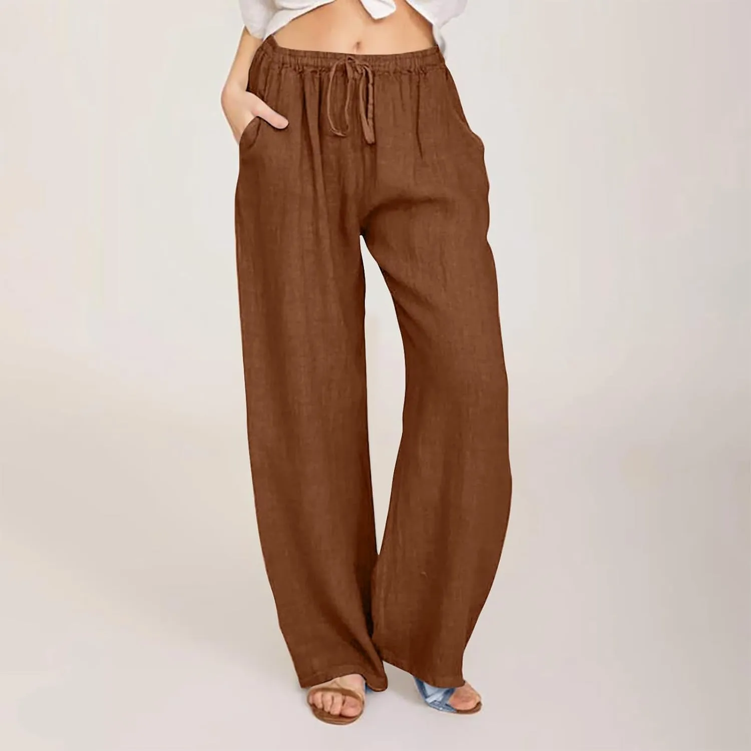 Womens Cotton Linen Wide Leg Pants Dressy Casual Summer Elastic Waist Lounge Trousers Trendy Beach Vacation Outfits