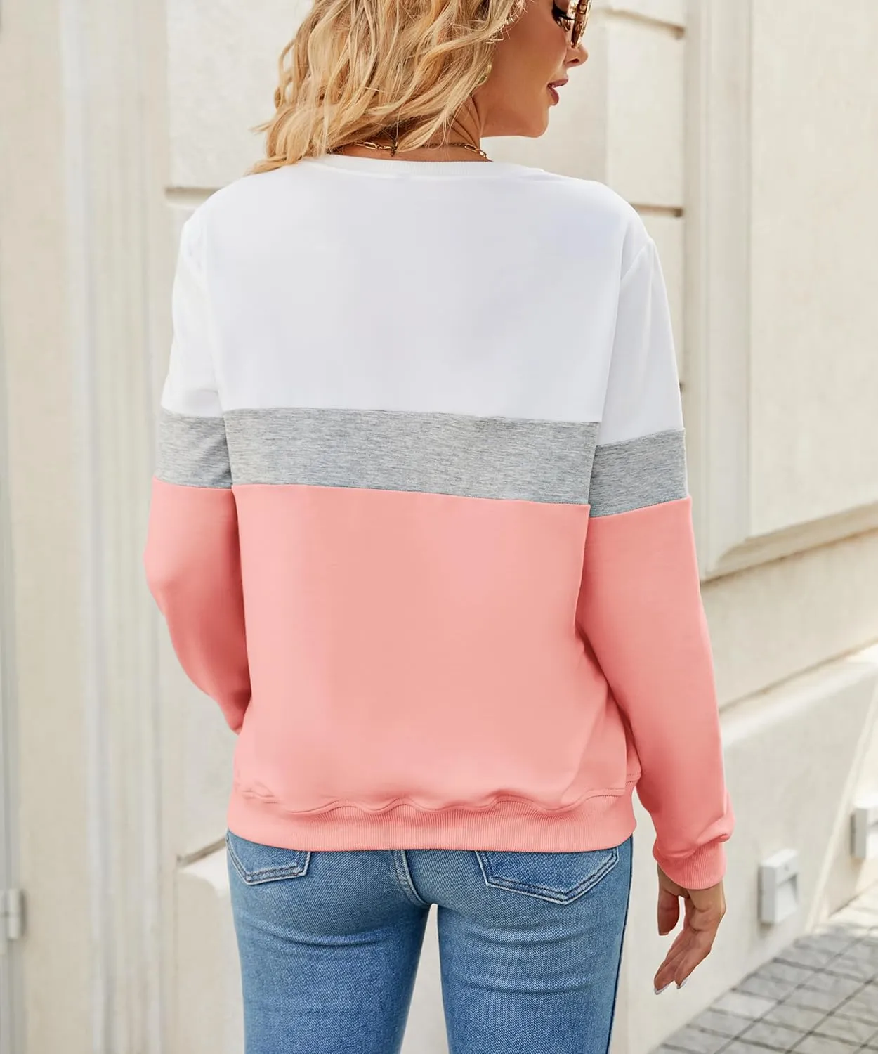 Womens Crew Neck Sweatshirt Colorblock Pullover Tops Casual Splicing Long Sleeve Lightweight Blouse Tee