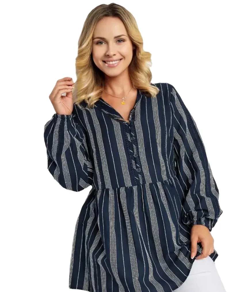 Women's Curve Contrast Stitch Blouse in Blue (Imperfect)
