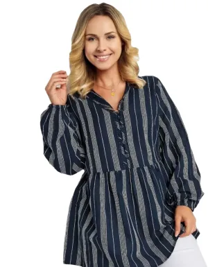 Women's Curve Contrast Stitch Blouse in Blue (Imperfect)