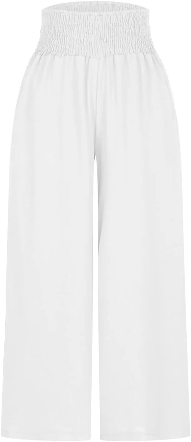 Women's Elastic High Waist Trousers Solid Color Wide Leg Flowy Sports Pants Casual Fashion Yoga Pants with Pockets