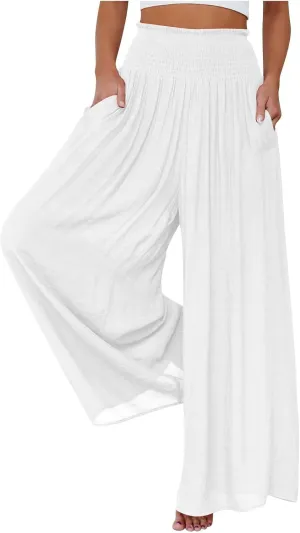 Women's Elastic High Waist Trousers Solid Color Wide Leg Flowy Sports Pants Casual Fashion Yoga Pants with Pockets
