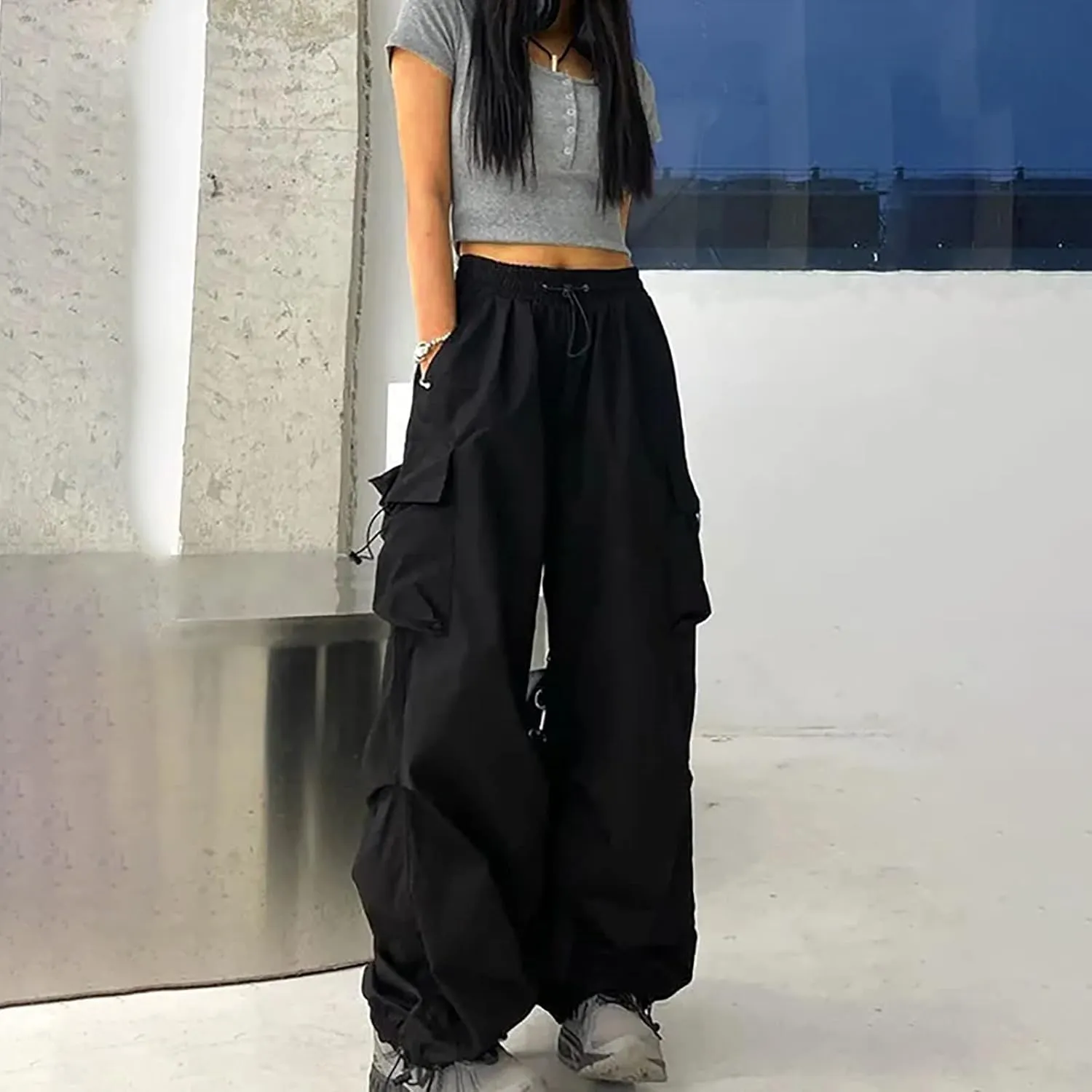 Women's Elastic Waist Cargo Pants Parachute Drawstring Overalls Wide Leg Trendy Y2K Pants Teen Girls Hiking Trousers