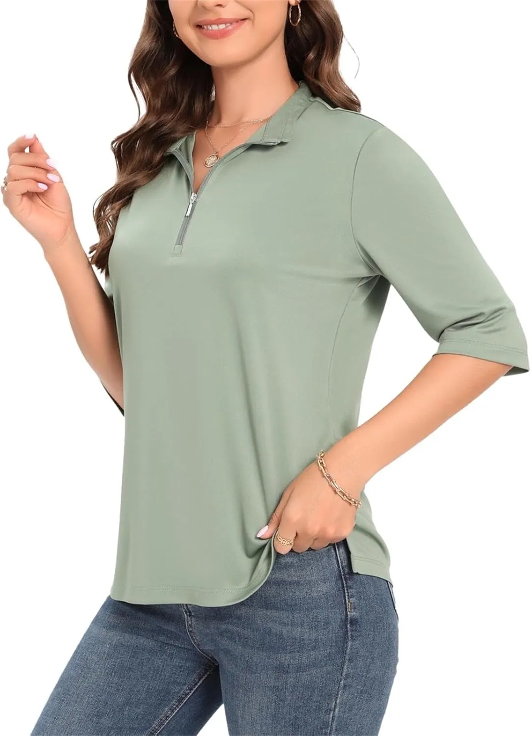 Womens Golf Shirt Quick Dry 3/4 Sleeve Tennis Tops UPF50  Collared Golf Polo Shirts for Women with Zipper
