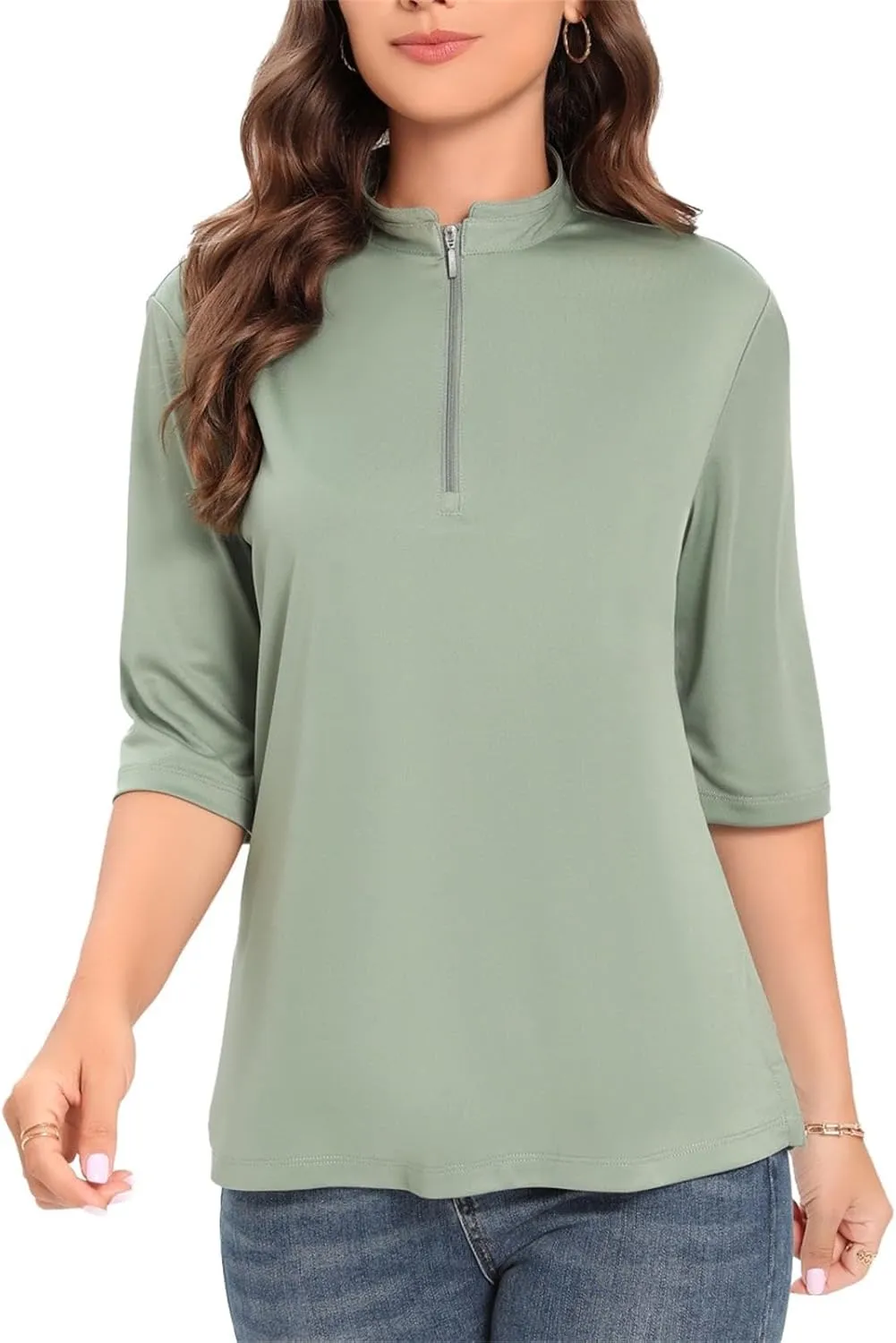 Womens Golf Shirt Quick Dry 3/4 Sleeve Tennis Tops UPF50  Collared Golf Polo Shirts for Women with Zipper