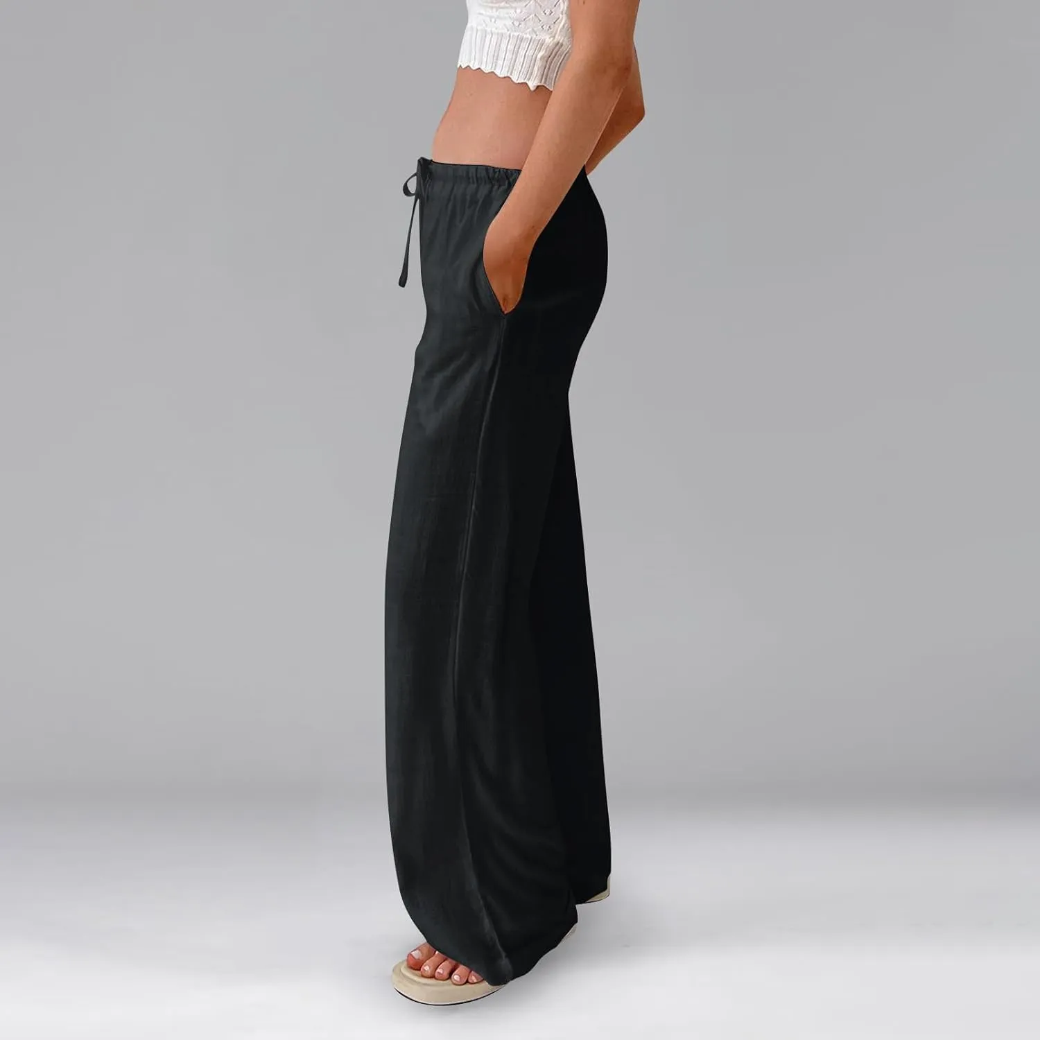 Women's High Waisted Wide Leg Pants Cotton Linen Summer Palazzo Flowy Beach Trousers with Pockets