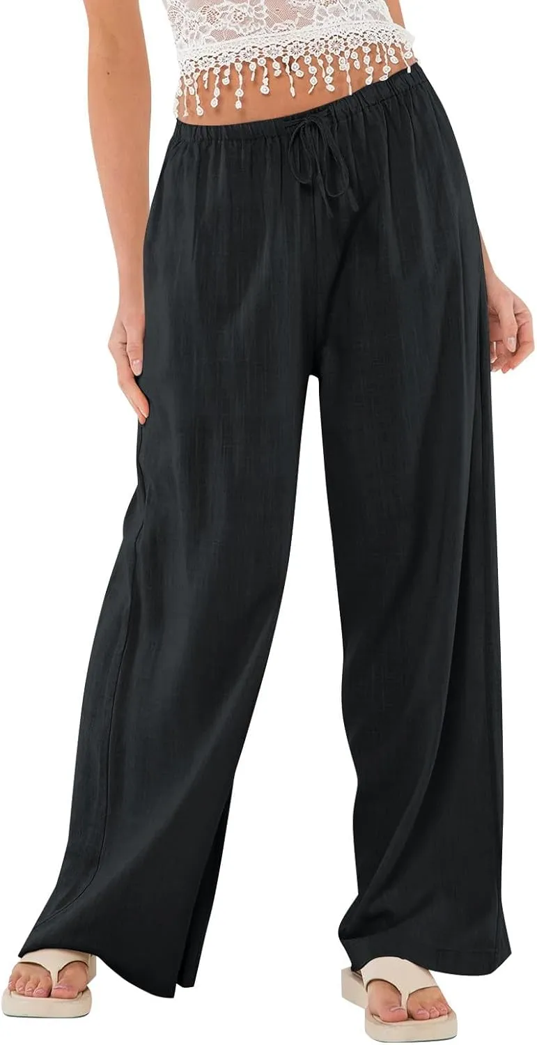 Women's High Waisted Wide Leg Pants Cotton Linen Summer Palazzo Flowy Beach Trousers with Pockets