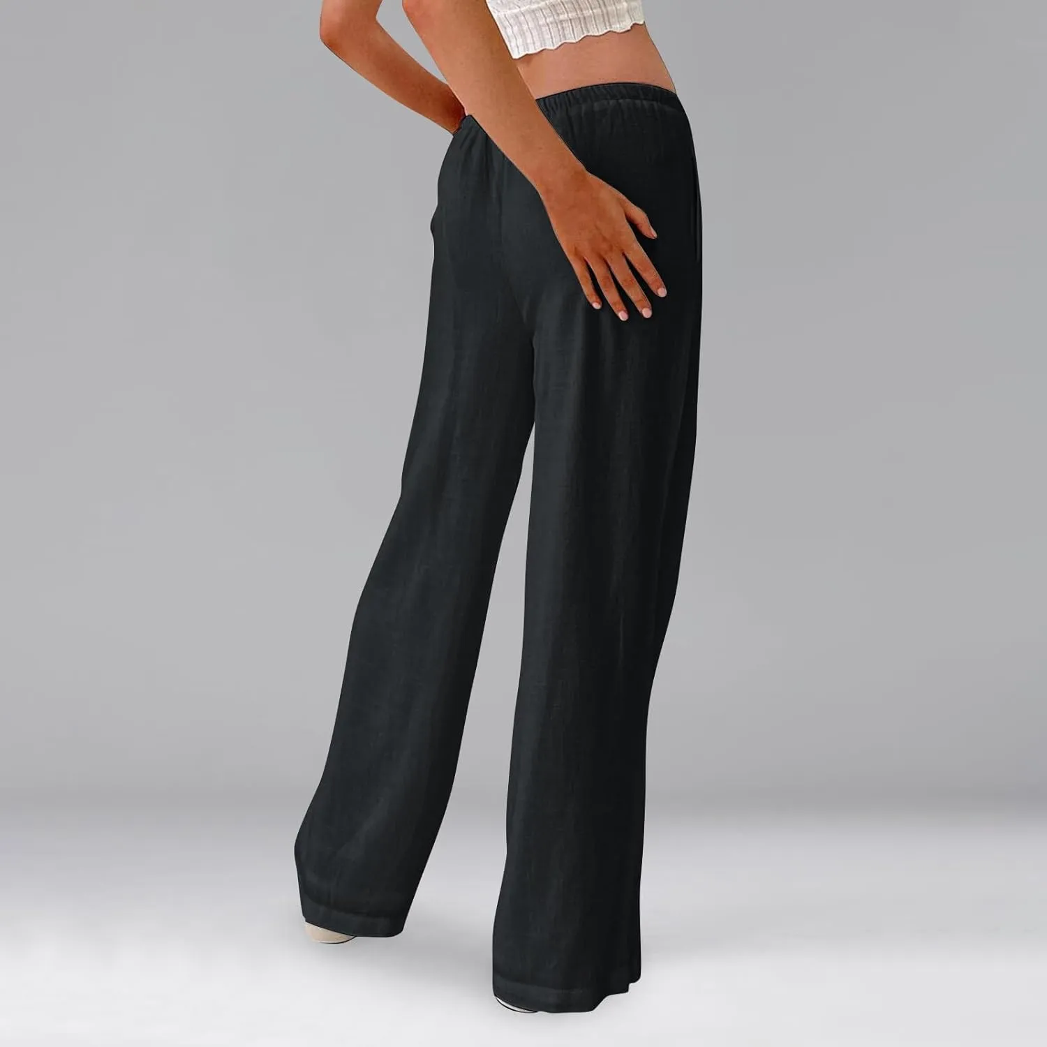 Women's High Waisted Wide Leg Pants Cotton Linen Summer Palazzo Flowy Beach Trousers with Pockets