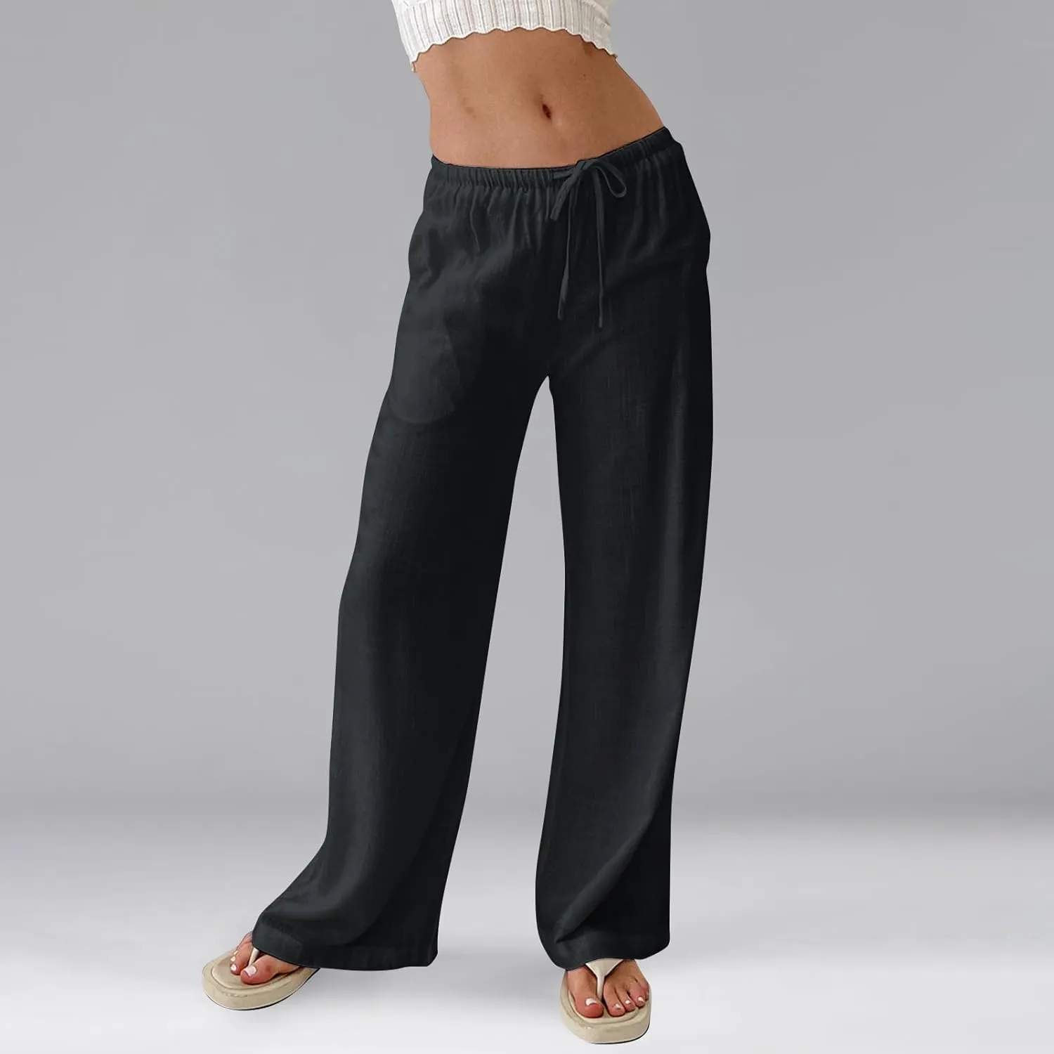 Women's High Waisted Wide Leg Pants Cotton Linen Summer Palazzo Flowy Beach Trousers with Pockets