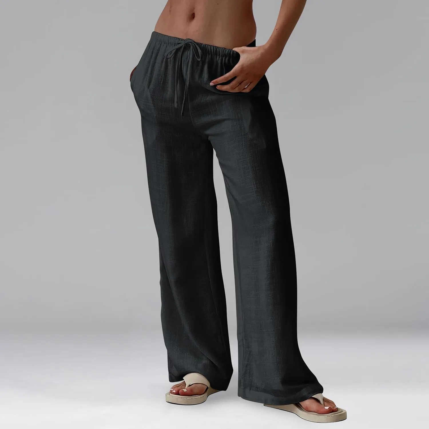 Women's High Waisted Wide Leg Pants Cotton Linen Summer Palazzo Flowy Beach Trousers with Pockets