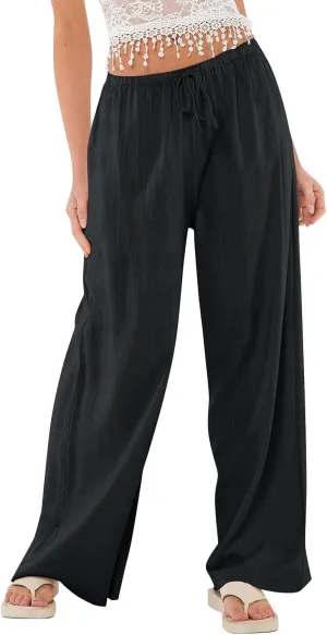 Women's High Waisted Wide Leg Pants Cotton Linen Summer Palazzo Flowy Beach Trousers with Pockets