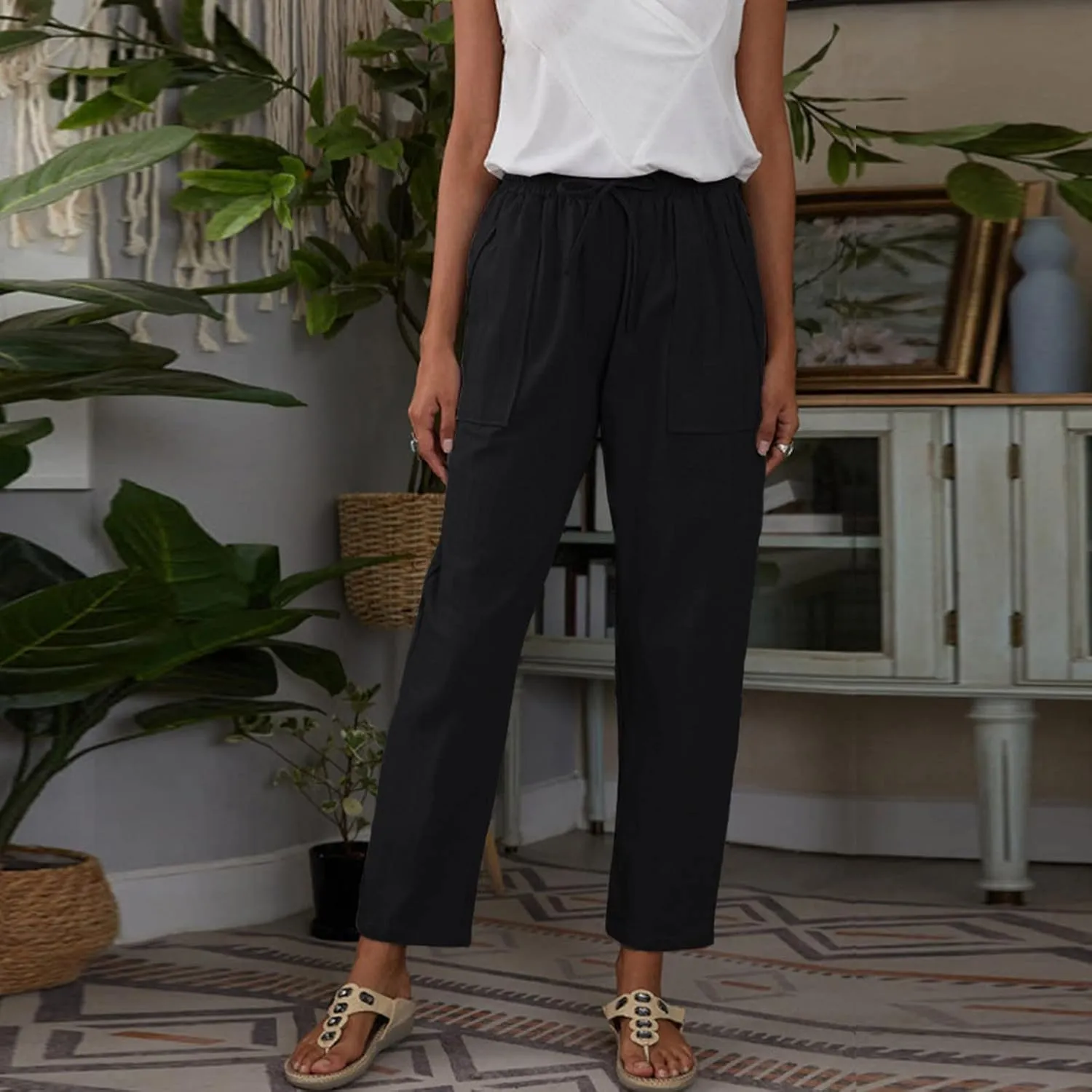 Womens Linen Blend Summer Y2K Fashion Palazzo Lounge Pants Elastic Waist Stretchy Slim Fit Trouser Business Work