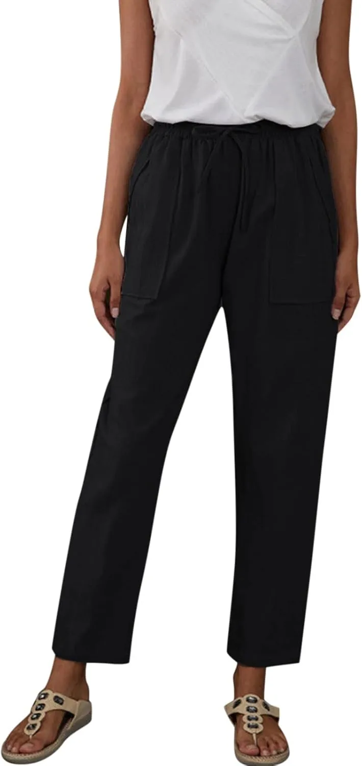 Womens Linen Blend Summer Y2K Fashion Palazzo Lounge Pants Elastic Waist Stretchy Slim Fit Trouser Business Work